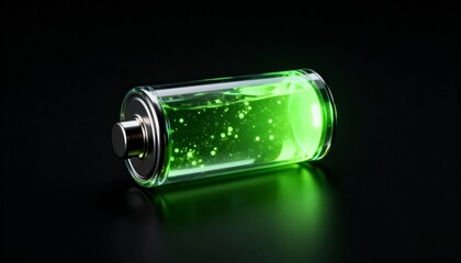 Vibrant green glowing transparent battery cell, full of energetic luminous liquid and sparkling particles, symbolizing powerful sustainable electric charge, clean eco-friendly energy, and future techn