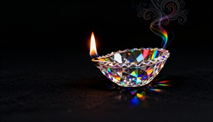 Vibrant Crystal Diya Lamp Glowing with Bright Flame, Casting Colorful Rainbow Prismatic Reflections and Swirling Ornate Smoke against a Deep Black Background, Symbolizing Spirituality, Diwali Festival