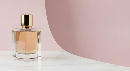 Luxury Perfume Bottle with Gold Cap on Minimal Pink Background. Feminine Fragrance and Cosmetic Product Still Life with Copy Space.
