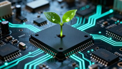 Vibrant green seedling with water droplets growing from a black microchip on a glowing circuit board, symbolizing sustainable technology, eco-friendly innovation, and the harmonious integration of nat