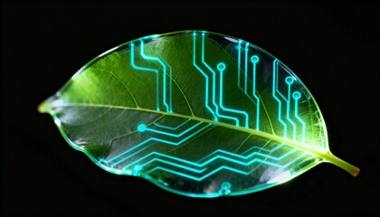 Vibrant green leaf with glowing blue circuit board lines symbolizing sustainable technology, eco-friendly digital solutions, biotechnology, and the harmonious integration of nature with advanced innov