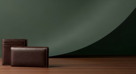 Minimalist Leather Wallets on Wood with Dark Green Background. Luxury Men's Accessories Product Photography with Copy Space.