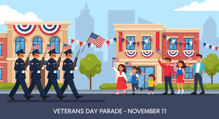 Veterans Day Parade Celebration on November 11th with Soldiers Marching and Civilians Waving Flags