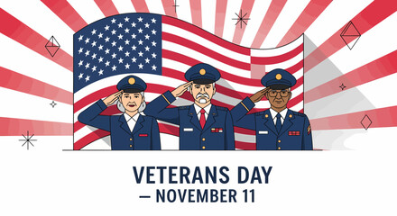 Diverse group of American soldiers in uniform saluting the USA flag in a patriotic illustration for Veterans Day