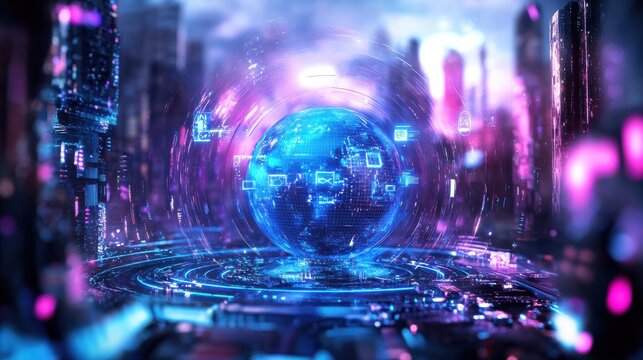 Futuristic globe with digital icons in vibrant city at night