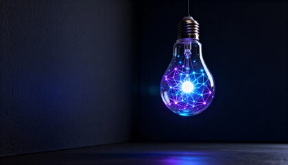 Conceptual image of a luminous light bulb revealing a vibrant interconnected neural network, symbolizing artificial intelligence, technological advancement, creative thinking, and innovative solutions