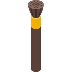 Isometric brown makeup brush with golden band and seed pod top on transparent background studio lighting clean design