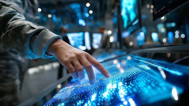Close-up of tactical command planning on transparent digital screens, reflections of data grids and blue ambient lighting filling the command center, with copy space.
