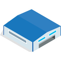 Isometric Blue Warehouse Building With Gray and White Accents And Transparent Background