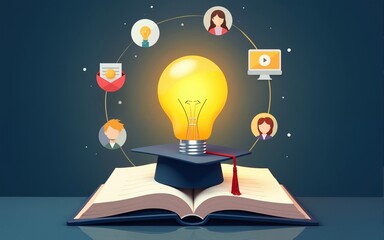 Illuminated lightbulb sits atop an open book with a graduation hat, surrounded by education icons, symbolizing online learning and e-degree achievements in digital courses. High quality