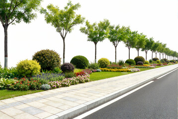 An elegantly landscaped roadside features a brick sidewalk next to a road and is bordered by carefully sculpted formal green hedges colorful flowers and neatly pruned shrubs against a white background