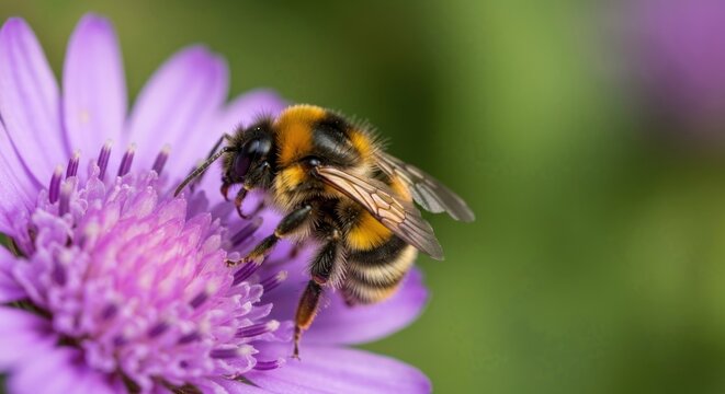 Bumblebee gathers pollen from a purple flower with a blurred green background