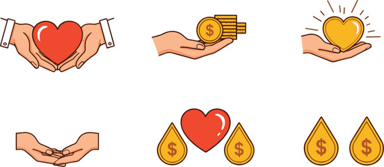 Charity donation and giving icons set with hands, hearts, coins, and money drops, love and generosity illustration