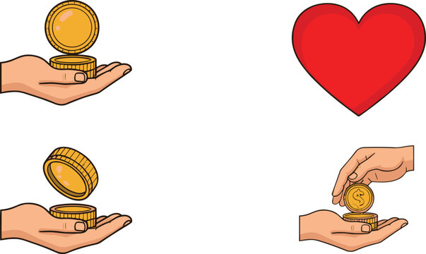 Charity donation and love concept with hands giving coins, red heart, and money contribution symbol for kindness illustration