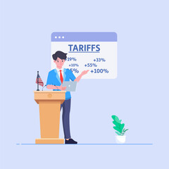 vector of a politician announcing an increase in import tariffs. The percentage is listed behind to emphasize the increase in trade costs. Import tariffs, trade wars, and economic conflicts.