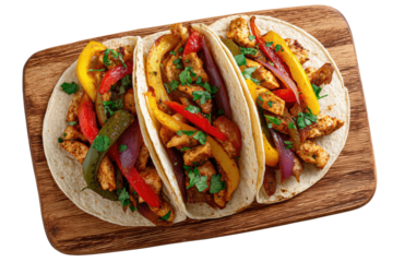 Three vibrant chicken tacos on a wooden board