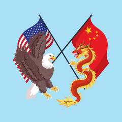 Trade war concept. Eagle versus Dragon. Economic opposition between USA and China. Vector illustration on white background.