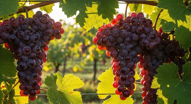 Ripe Red Grapes Hanging from Vines in a Vineyard at Sunset - Powered by Adobe