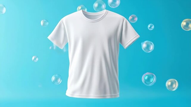 Floating white t-shirt with soap bubbles on blue background