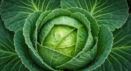 Obraz premium Close-up of a vibrant green cabbage head with layered leaves forming a spiral