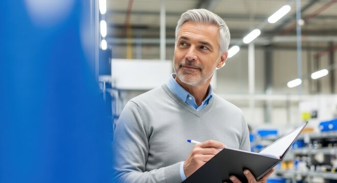 Professional man inspecting inventory in a warehouse during daylight hours while taking notes