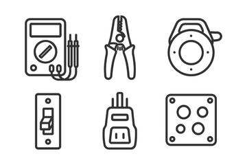 Collection of electrical tools and components in black and white line art design.