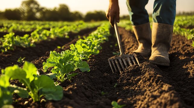 Farmer working in vegetable field with fork.