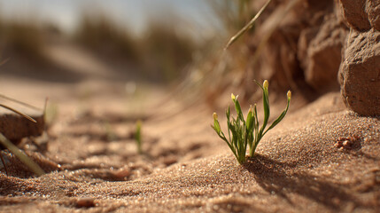 Desert dune with a tiny green sprout emerging from golden sand symbolizing resilience hope renewal and life rising against harsh conditions in a minimalist natural landscape