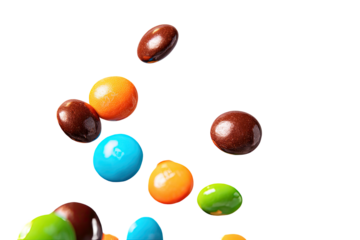 Colorful candies float against a stark black background