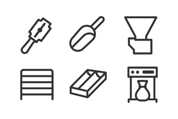 Line art icons of medical equipment including razor blade, pill crusher, hopper.