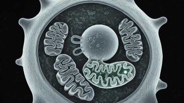 Microscopic view of a spore with internal structures, possibly a fungus or parasite, showing detailed organelles.