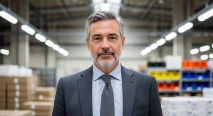 Businessman standing confidently in a warehouse environment during daytime while overseeing operations