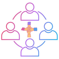 Teamwork and collaboration icon with four gradient colored people outlines surrounding hands joined in unity. Vector illustration symbolizing partnership, social network, support, community concept.