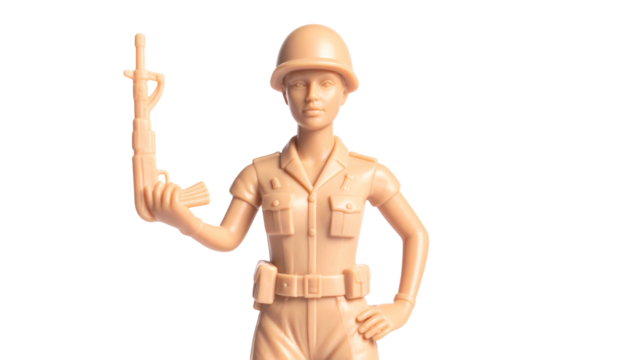 Toy soldier figure stands, holding rifle