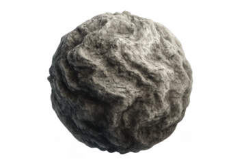 Rough gray stone sphere with uneven texture and abstract surface on transparent background