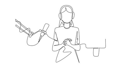 Self drawing animation of continuous one line drawing a woman using headphones and a mic broadcasts with a smartphone. Online broadcast via smartphone app. National Streaming Day. Full length animated