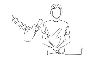 Animated self drawing of continuous line drawing a man using headphones and mic doing live streaming with a smartphone. Greet fans. Podcast. National Streaming Day. Full length single line animation