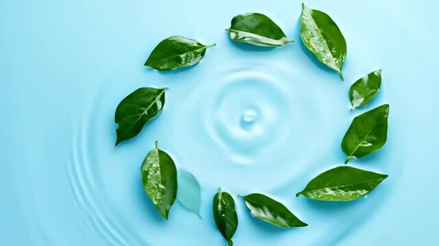 Green leaves in circular pattern on blue background with water droplets