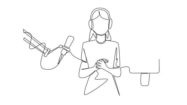 Self drawing animation of continuous one line drawing a woman using headphones and a mic broadcasts with a smartphone. Online broadcast via smartphone app. National Streaming Day. Full length animated