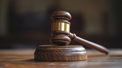 Gavel resting on a wooden sound block in a courtroom setting during a legal proceeding
