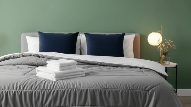 Neatly made bed with folded towels and a bedside lamp