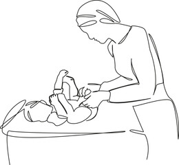 One continuous single drawing line art flat doodle mother, children, diaper, newborn, baby, care, infant, woman, little. Isolated image hand draw contour on a white background, hand drawn, not AI