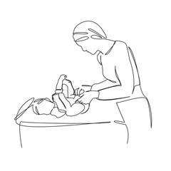 One continuous single drawing line art flat doodle mother, children, diaper, newborn, baby, care, infant, woman, little. Isolated image hand draw contour on a white background, hand drawn, not AI