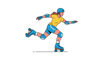 Fototapeta premium Enthusiastic woman roller skating with safety gear in vibrant cartoon illustration