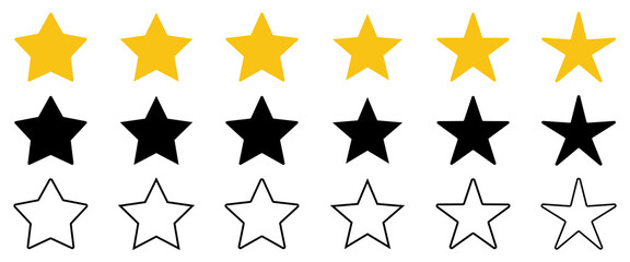 Set of various star shapes for rating and feedback systems. Includes filled, black, and outlined styles. Ideal for app rating, review icons, and interface design.