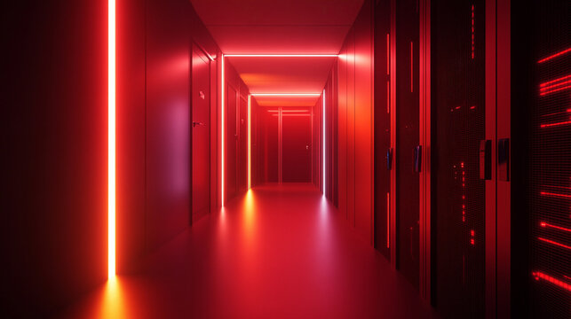 Empty hyperrealistic server room with controlled moody lighting showcasing rows of data racks cables and glowing panels symbolizing infrastructure security and digital power
