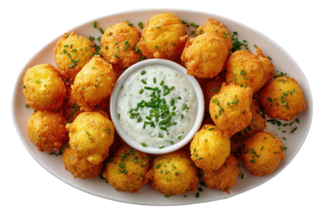Fried dough balls, served with creamy dip, chives sprinkled
