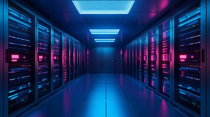 Empty hyperrealistic server room with controlled moody lighting showcasing rows of data racks cables and glowing panels symbolizing infrastructure security and digital power