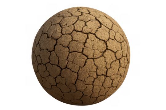 Cracked dry earth textured sphere symbolizing drought, global warming, and water shortage on transparent background