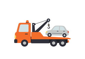 Orange tow truck transports silver car on flatbed ideal for transportation, car insurance, roadside assistance, towing services, automotive industry designs.